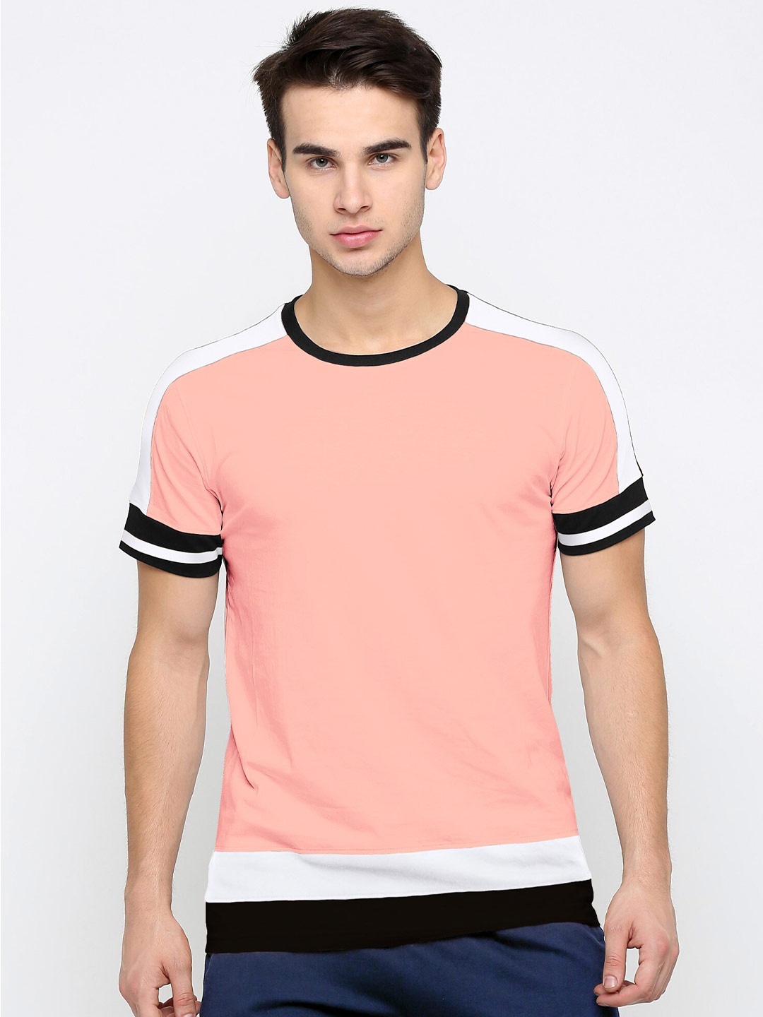 

Maniac Men Pink White Colourblocked Slim Fit Cotton Pure Cotton T-shirt