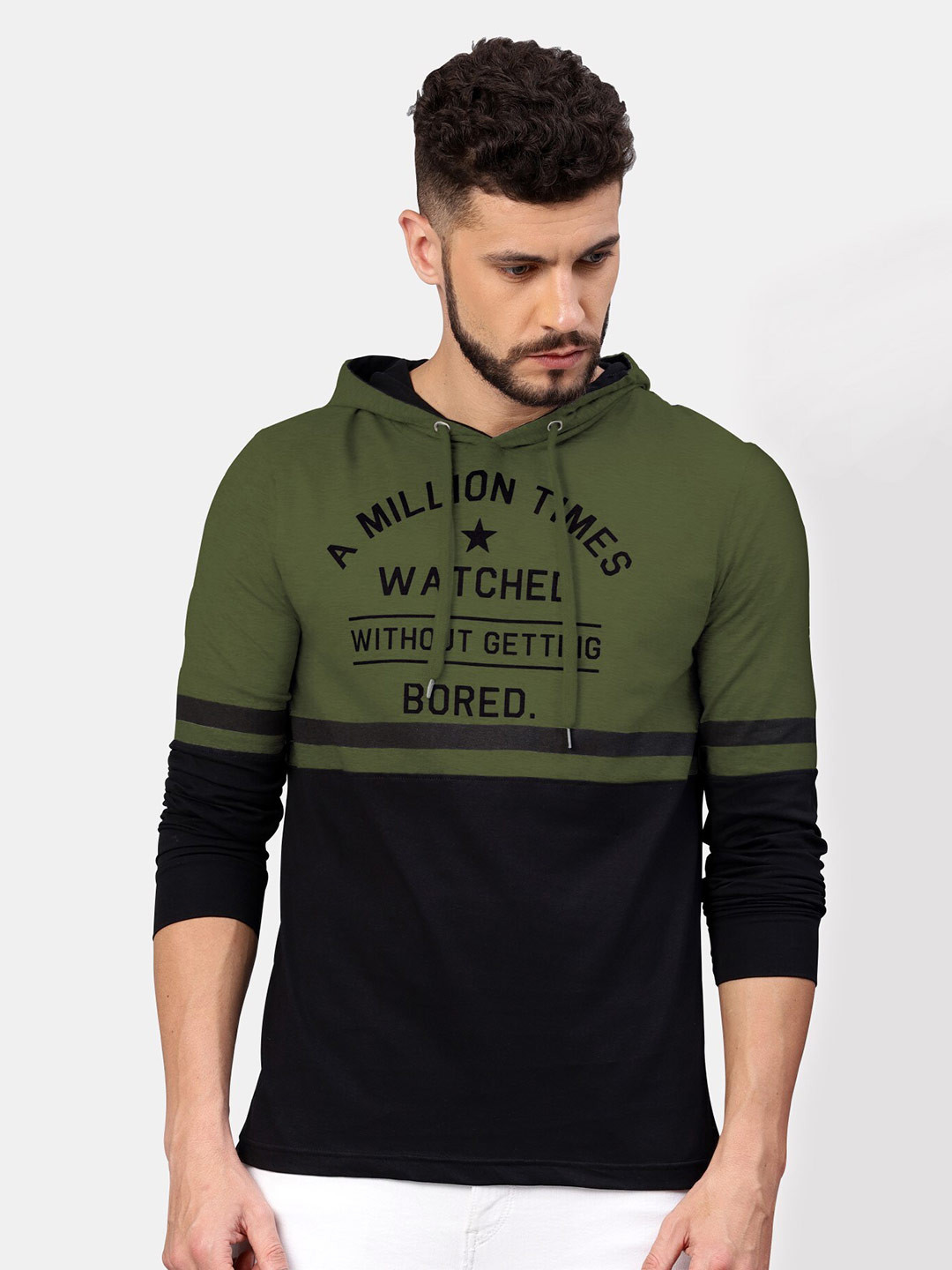 

Maniac Men Hooded Olive Green & Black Printed Slim Fit T-shirt