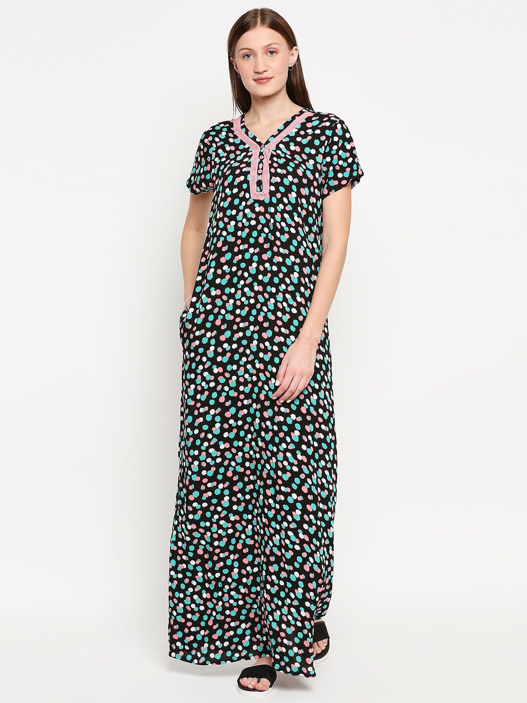 

XIN Black Printed Maxi Nightdress