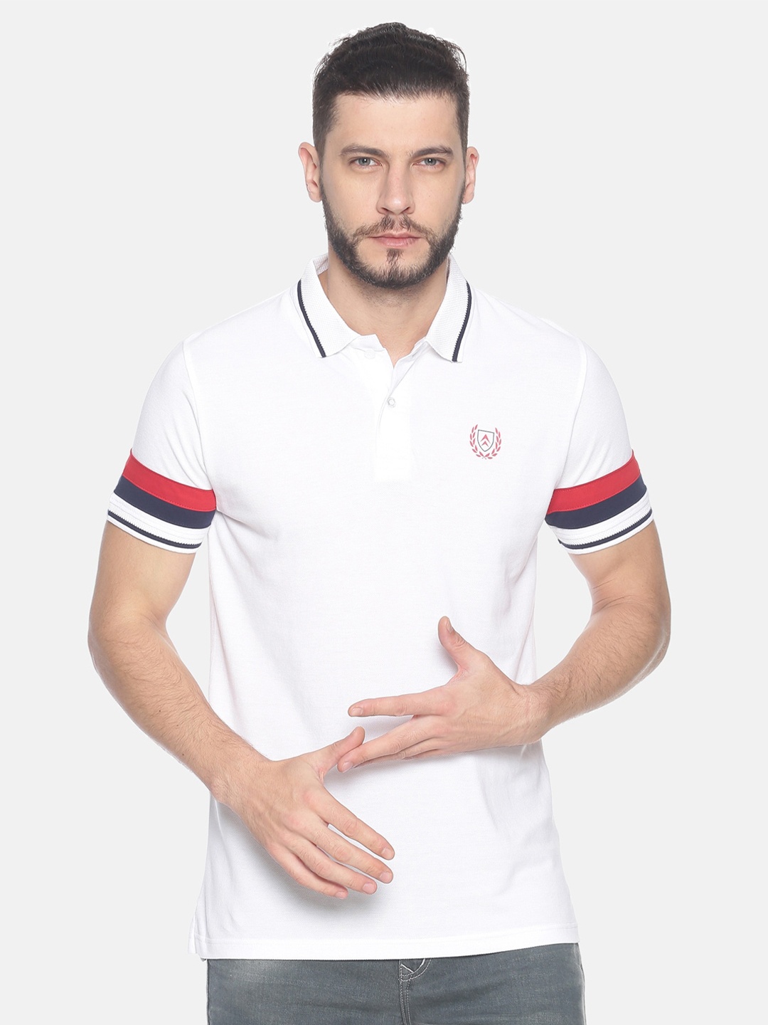 

Steenbok Men White Polo Collar Drop-Shoulder Sleeves Applique T-shirt