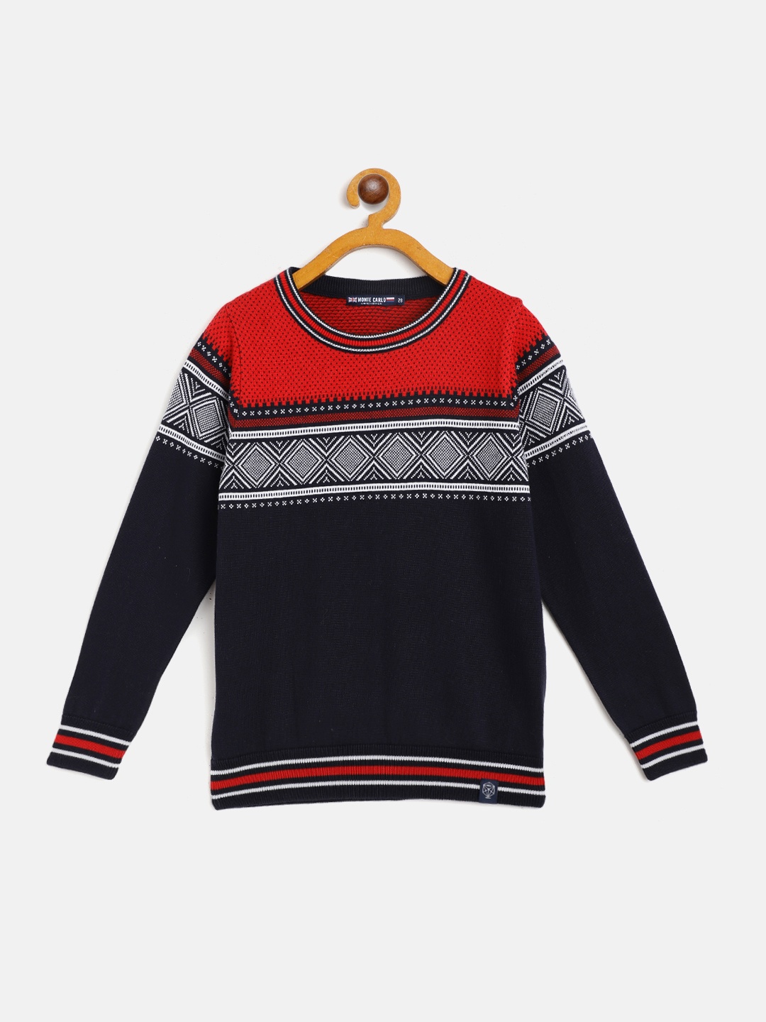 

Monte Carlo Boys Navy Blue & Red Cotton Geometric Self Design Pullover