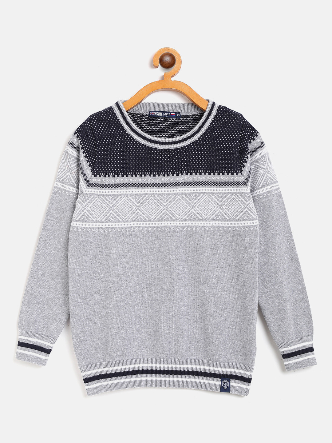 

Monte Carlo Boys Grey Melange & Navy Blue Geometric Patterned Cotton Pullover
