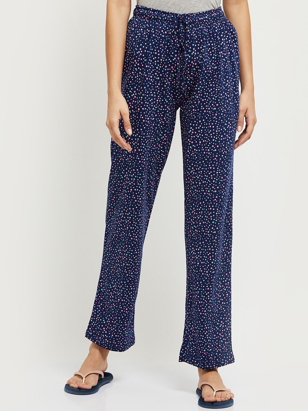 

max Women Navy Blue & Pink Printed Cotton Lounge Pants