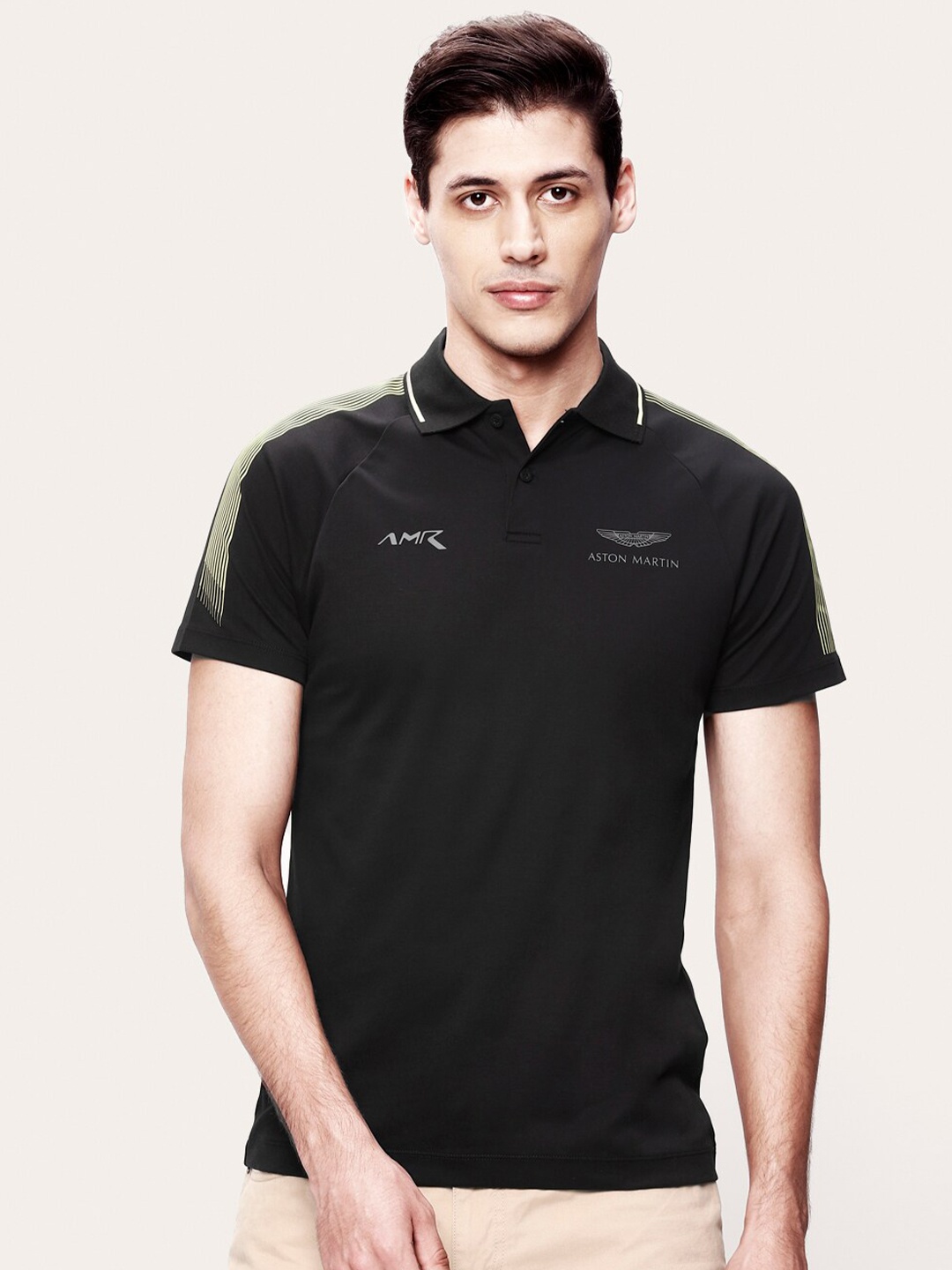 

HACKETT LONDON Men Black and Green Polo Collar Cotton T-shirt