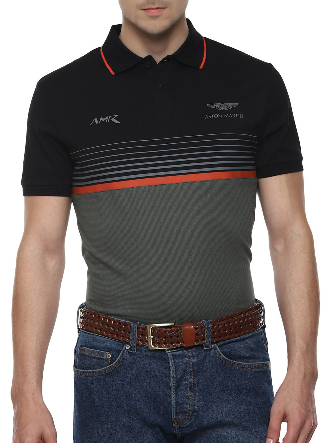 

HACKETT LONDON Men Green Striped Polo Collar Applique T-shirt