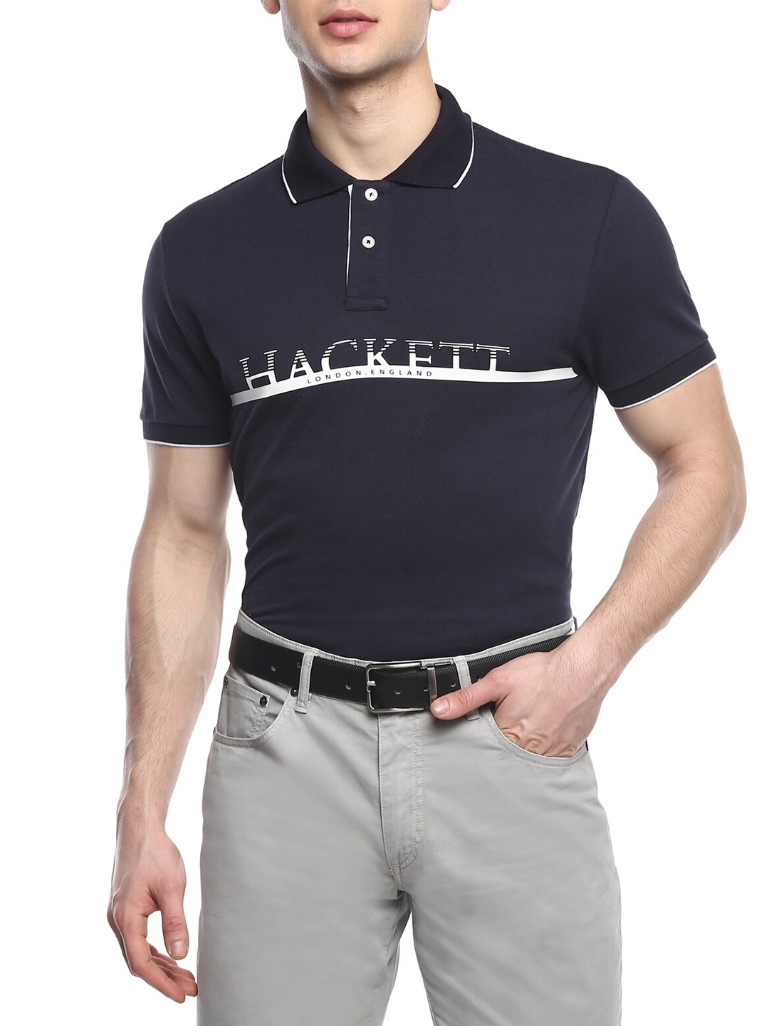 

HACKETT LONDON Men Navy Blue Typography Printed Polo Collar T-shirt