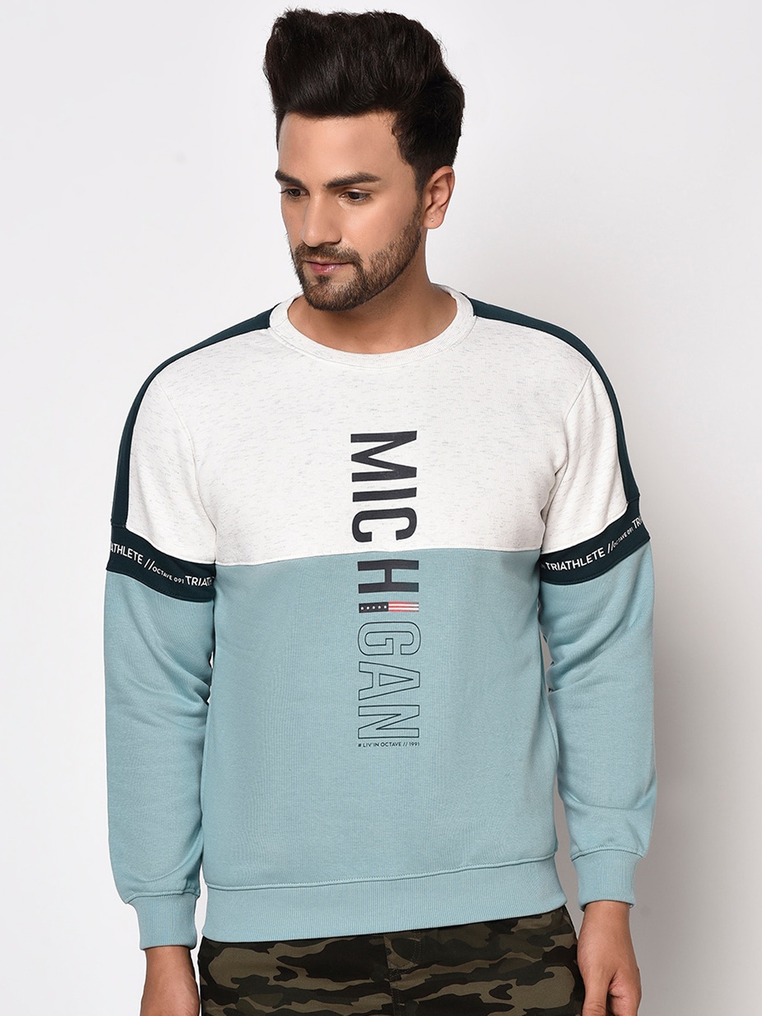 

Octave Men Teal Blue & White Colourblocked Sweatshirt