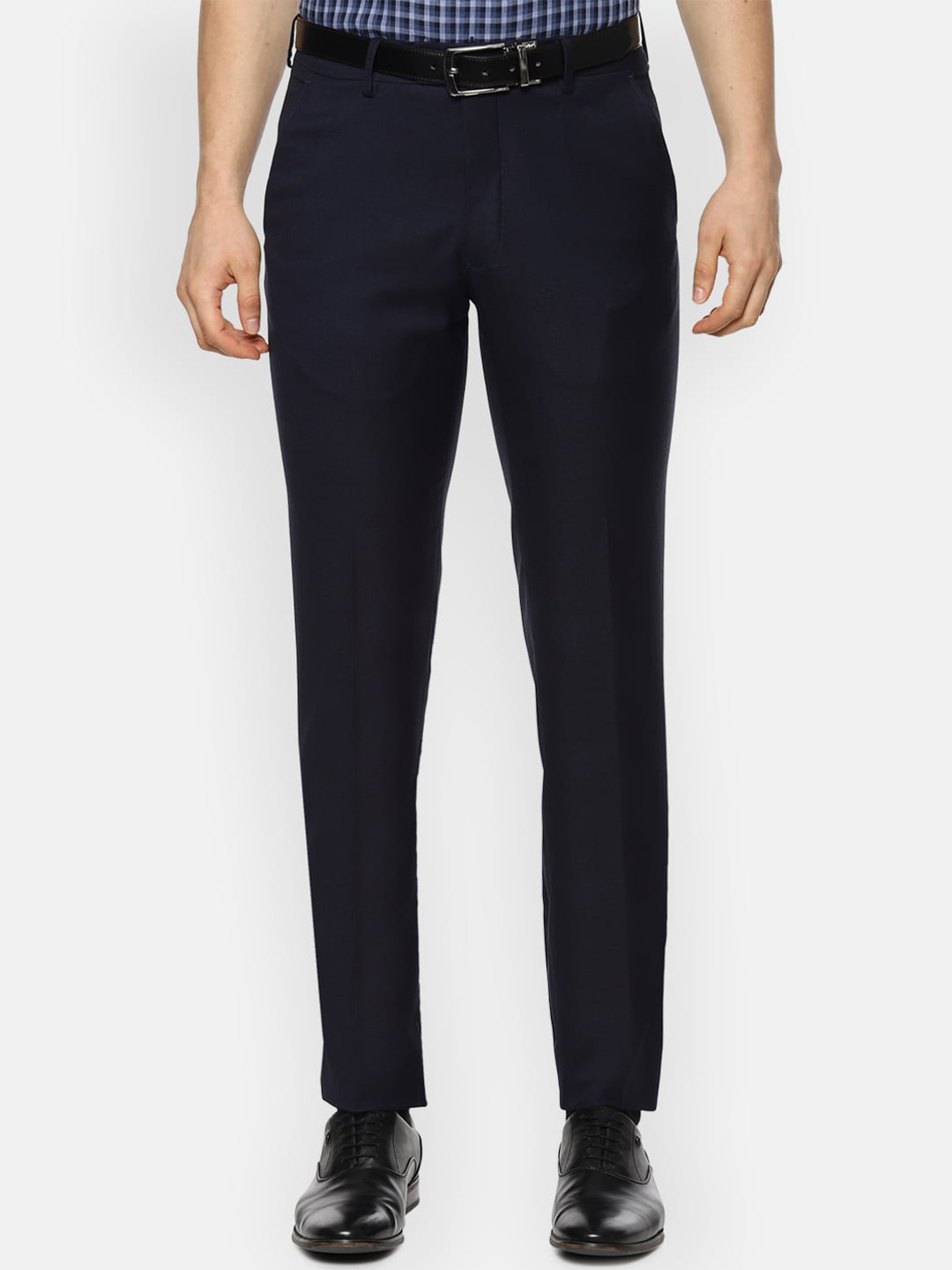 

Van Heusen Men Navy Blue Solid Slim Fit Formal Trousers