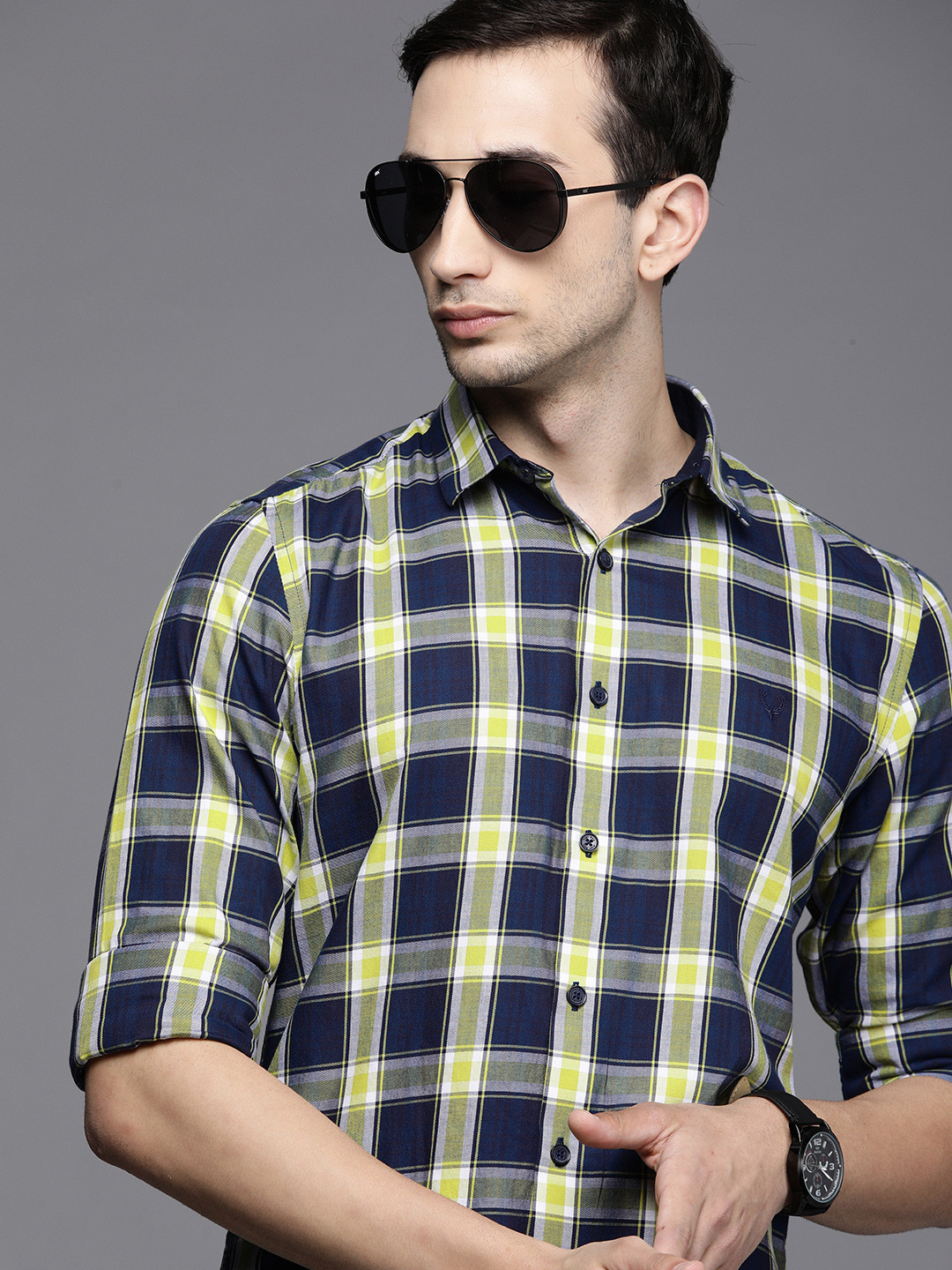 

Allen Solly Sport Men Navy Blue & Yellow Ultra Slim Fit Checked Casual Shirt