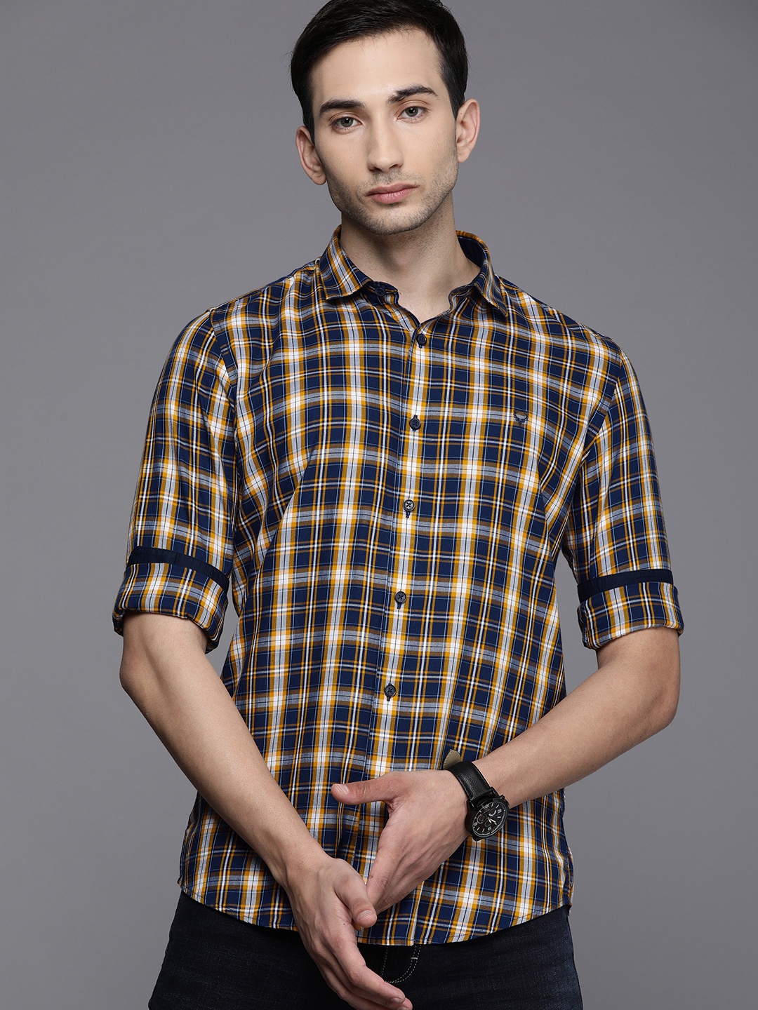

Allen Solly Sport Men Navy Blue & Mustard Yellow Ultra Slim Fit Checked Casual Shirt