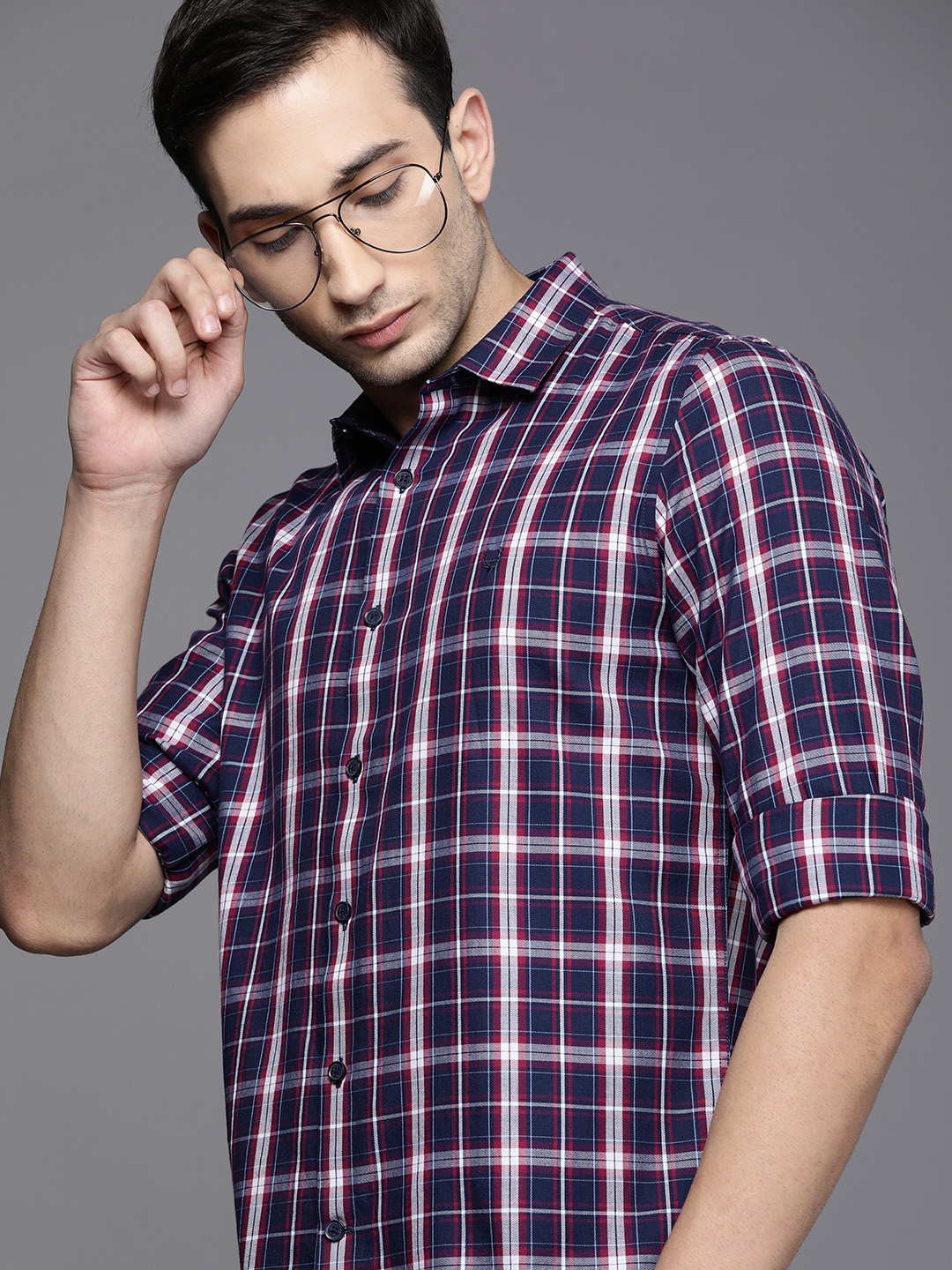 

Allen Solly Sport Men Navy Blue & Pink Ultra Slim Fit Opaque Checked Casual Shirt