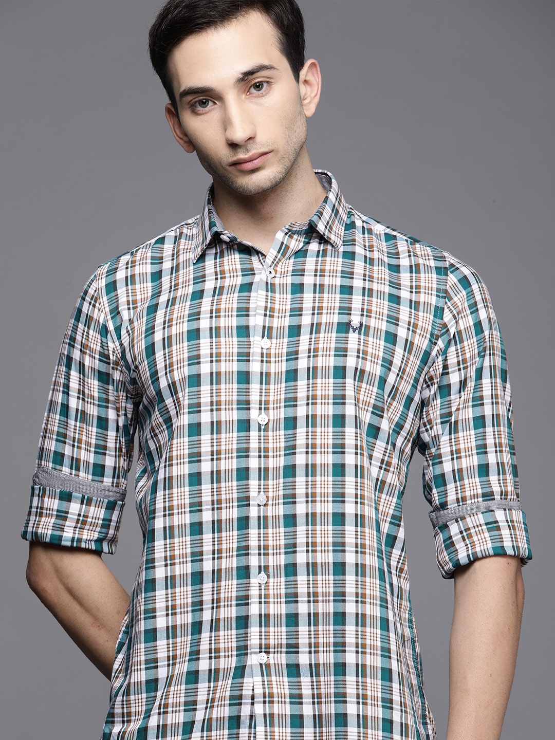 

Allen Solly Sport Men Teal Green & Brown Ultra Slim Fit Opaque Checked Casual Shirt