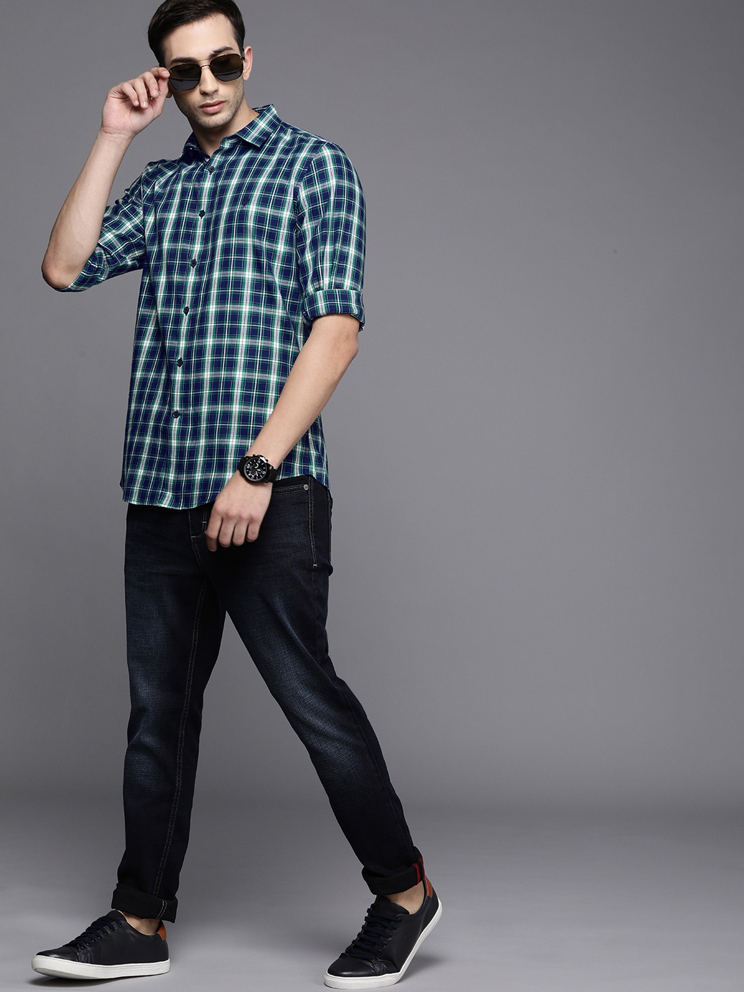 

Allen Solly Sport Men Navy Blue & Green Ultra Slim Fit Opaque Checked Casual Shirt