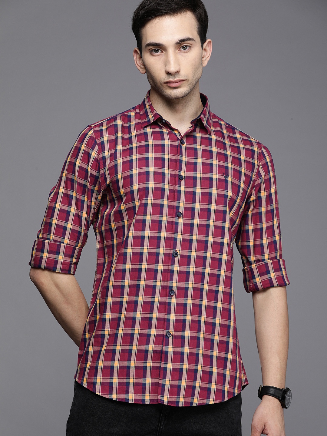 

Allen Solly Sport Men Maroon & Yellow Ultra Slim Fit Checked Casual Shirt