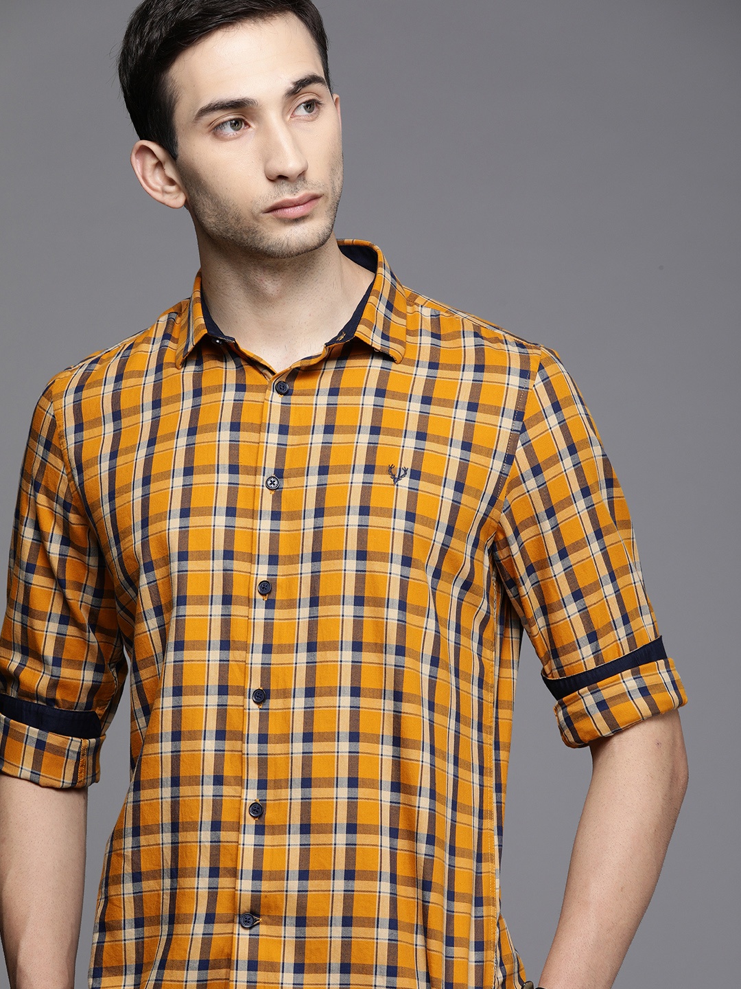 

Allen Solly Sport Men Yellow & Navy Blue Ultra Slim Fit Checked Casual Shirt