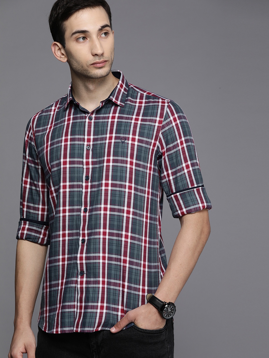 

Allen Solly Sport Men Grey & Red Ultra Slim Fit Checked Casual Shirt