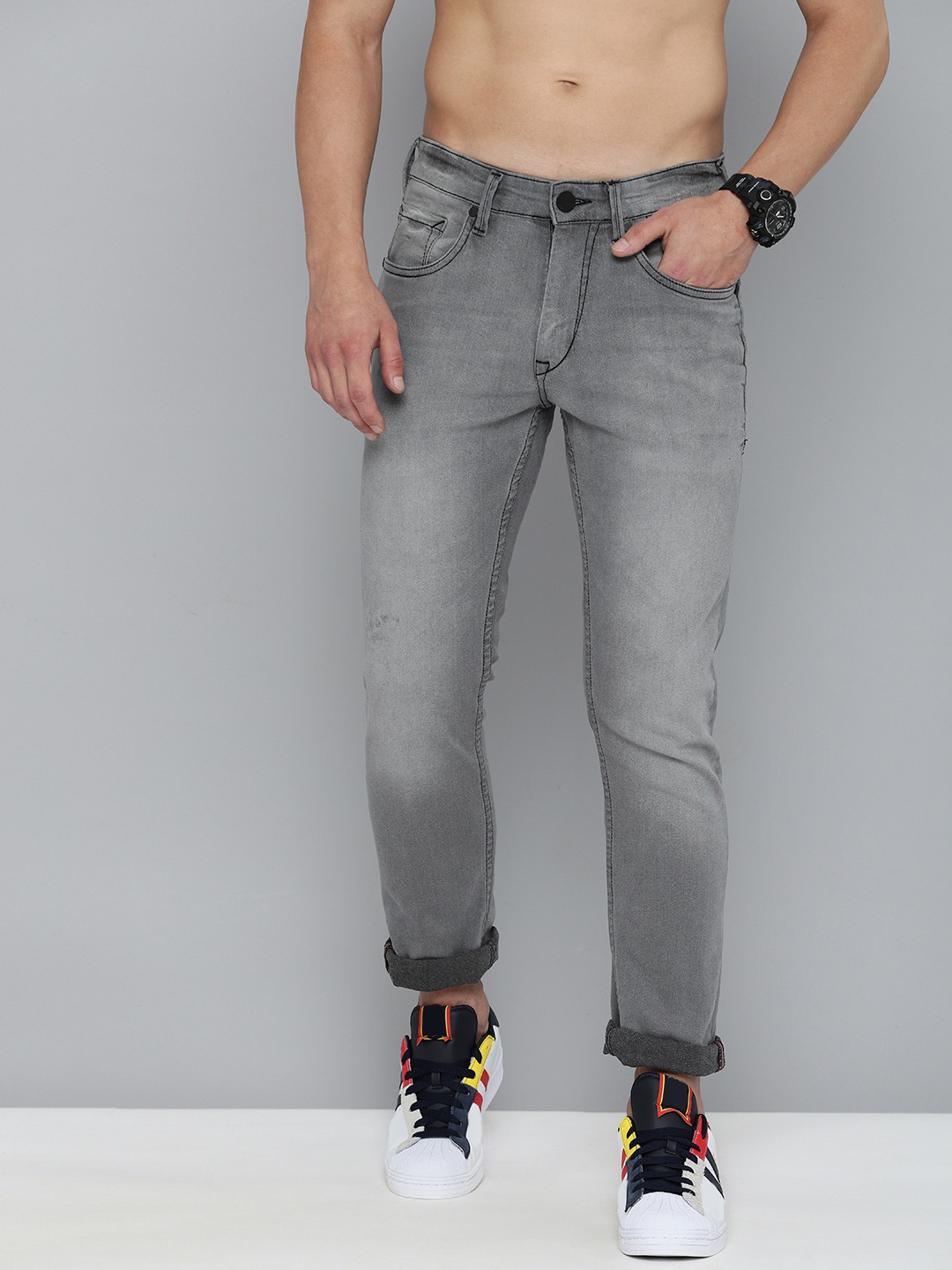 

HERE&NOW Men Grey Slim Fit Light Fade Mid Rise Straight Fit Jeans