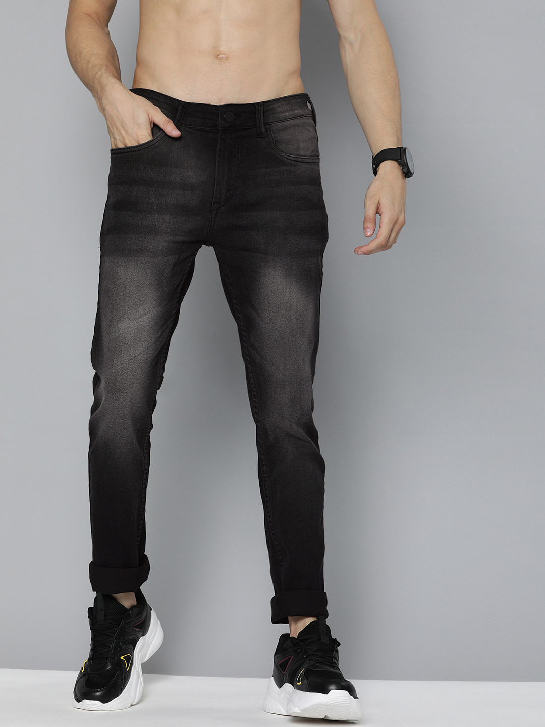 

HERE&NOW Men Black Skinny Fit Clean Look Light Fade Stretchable Jeans