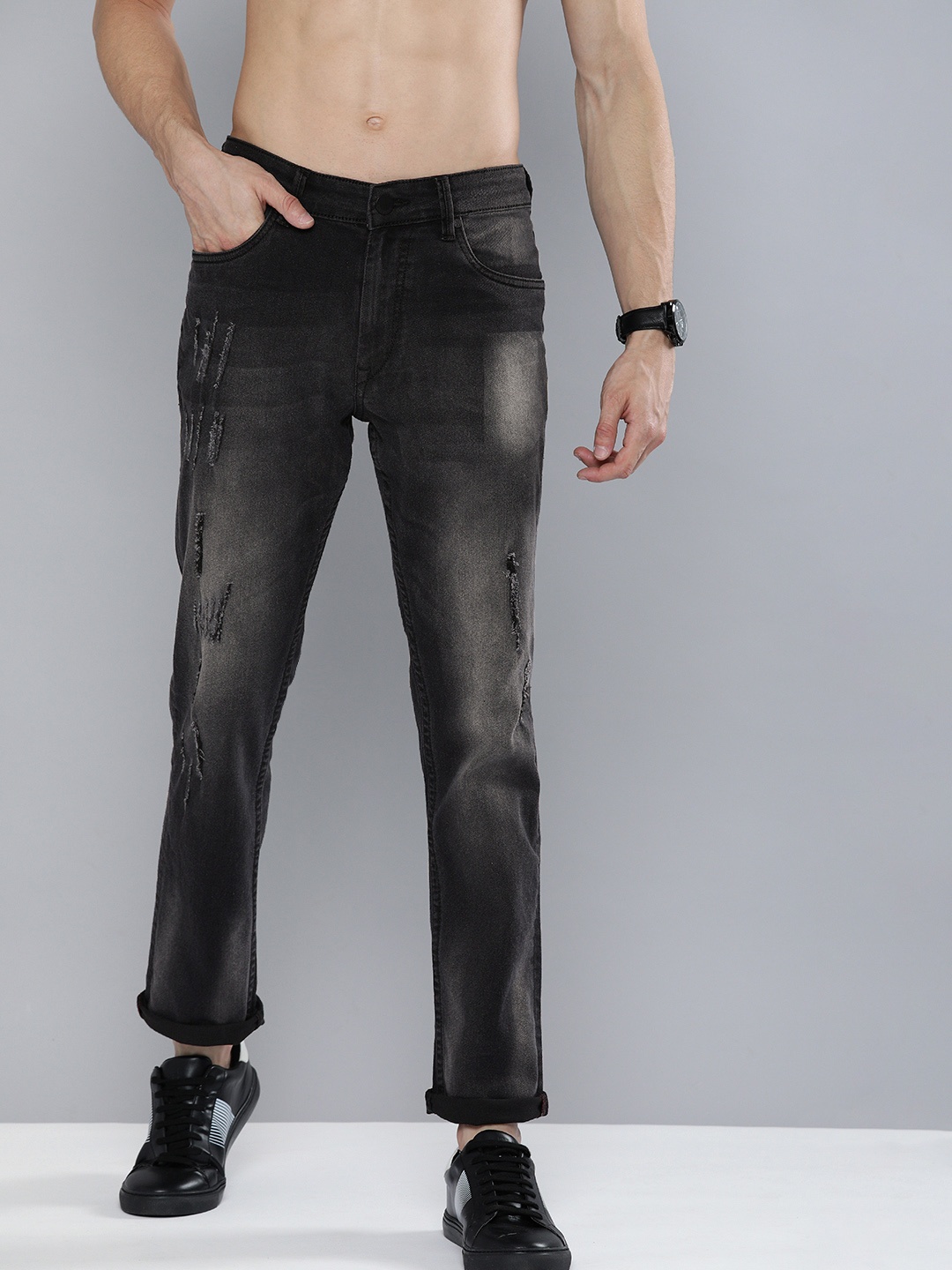 

HERE&NOW Men Black Slim Fit Heavy Fade Mildly Distressed Stretchable Jeans