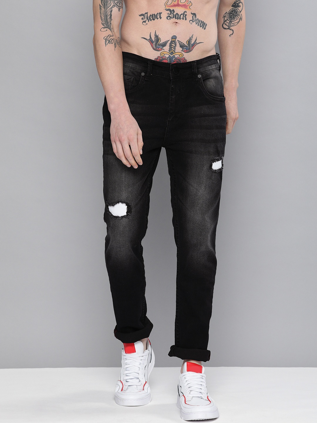 

HERE&NOW Men Black Skinny Fit Mildly Distressed Heavy Fade Stretchable Jeans