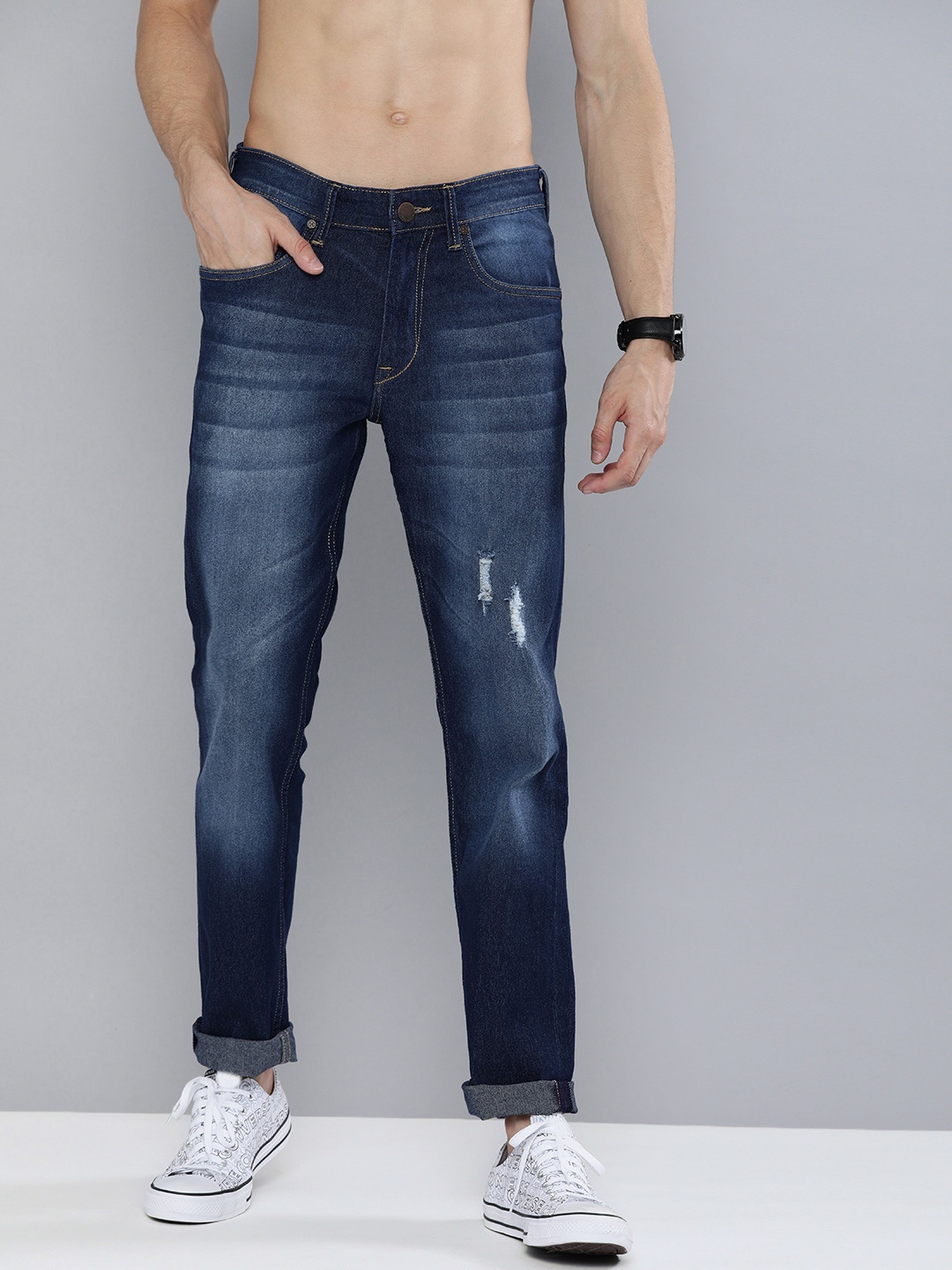 

HERE&NOW Men Navy Blue Slim Fit Low Distress Heavy Fade Stretchable Jeans