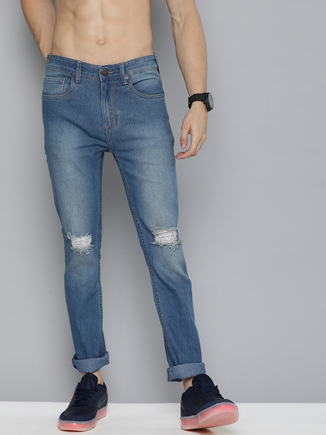 

HERE&NOW Men Blue Skinny Fit Slash Knee Light Fade Stretchable Jeans