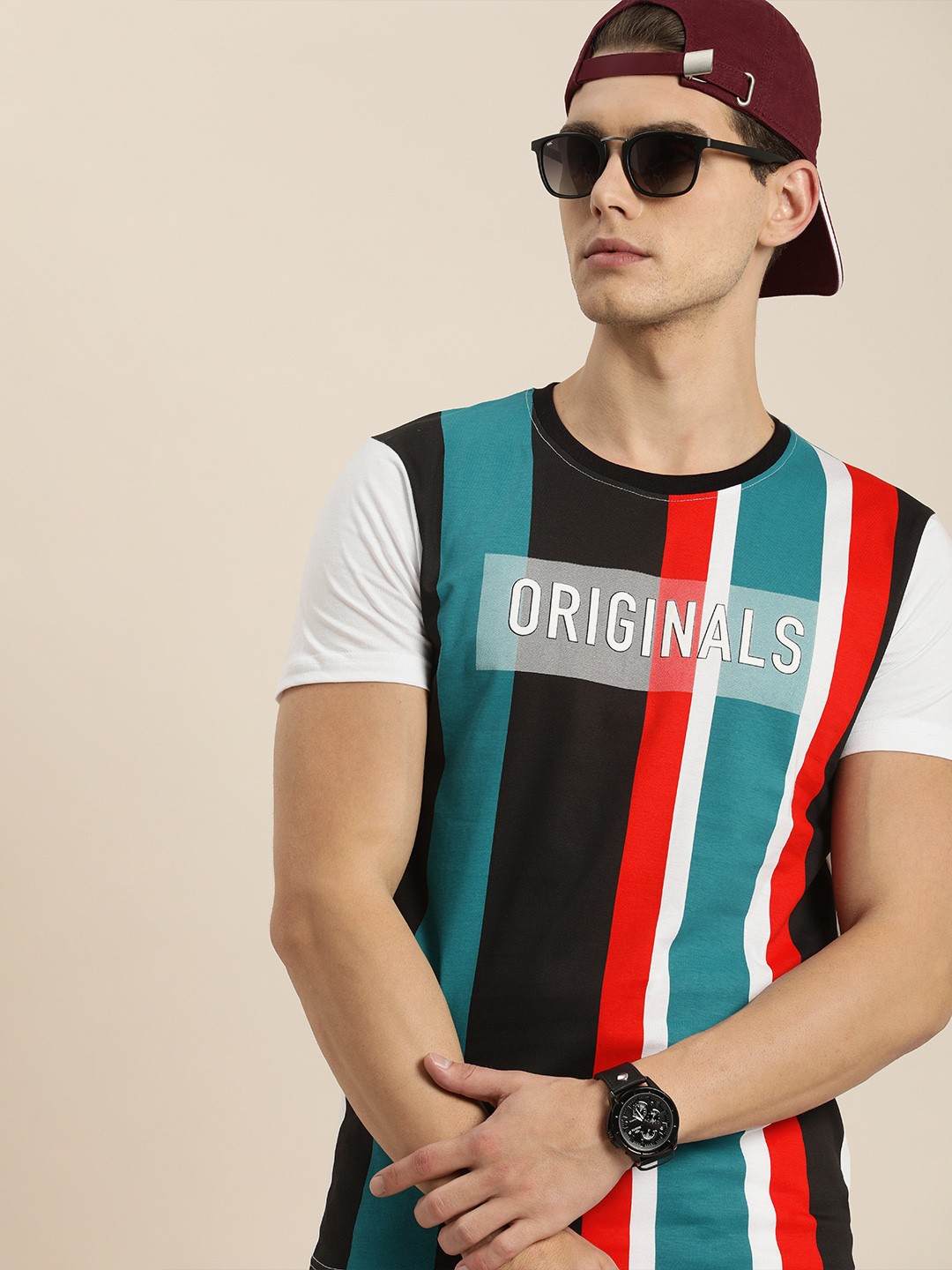 

Moda Rapido Men Black Blue Variegated Stripes Pure Cotton T-shirt