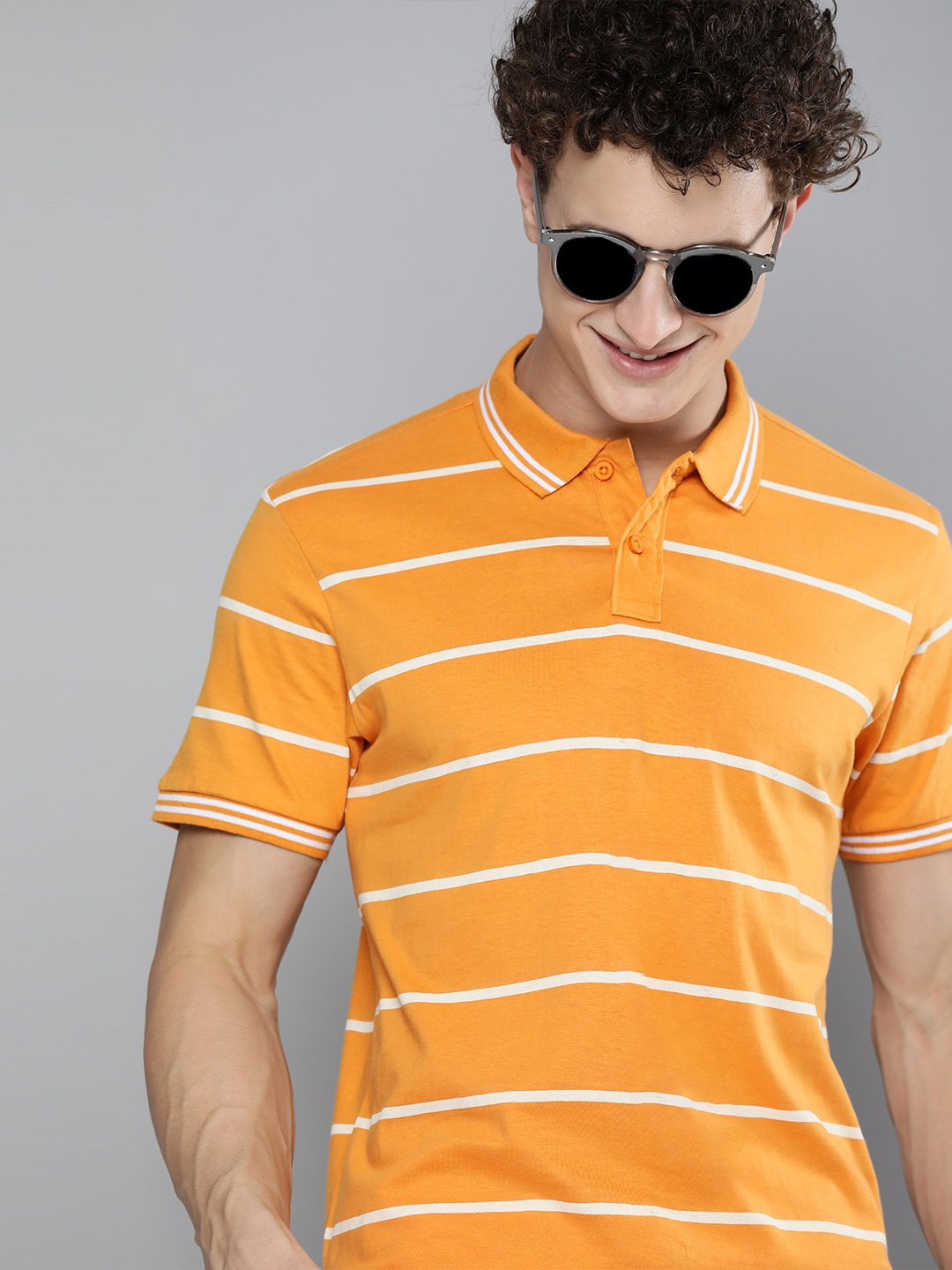 

HERENOW Men Mustard Yellow White Striped Polo Collar Pure Cotton T-shirt