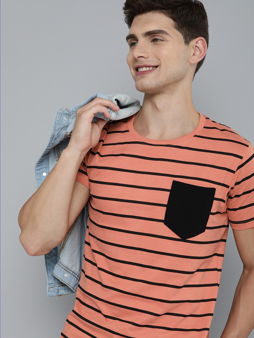 

HERENOW Men Orange Black Striped Pure Cotton T-shirt with Pocket