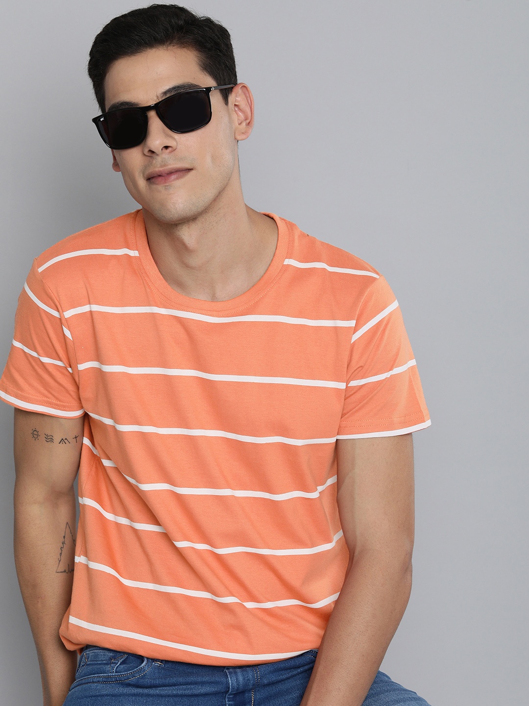 

HERENOW Men Peach-Coloured White Striped Pure Cotton T-shirt