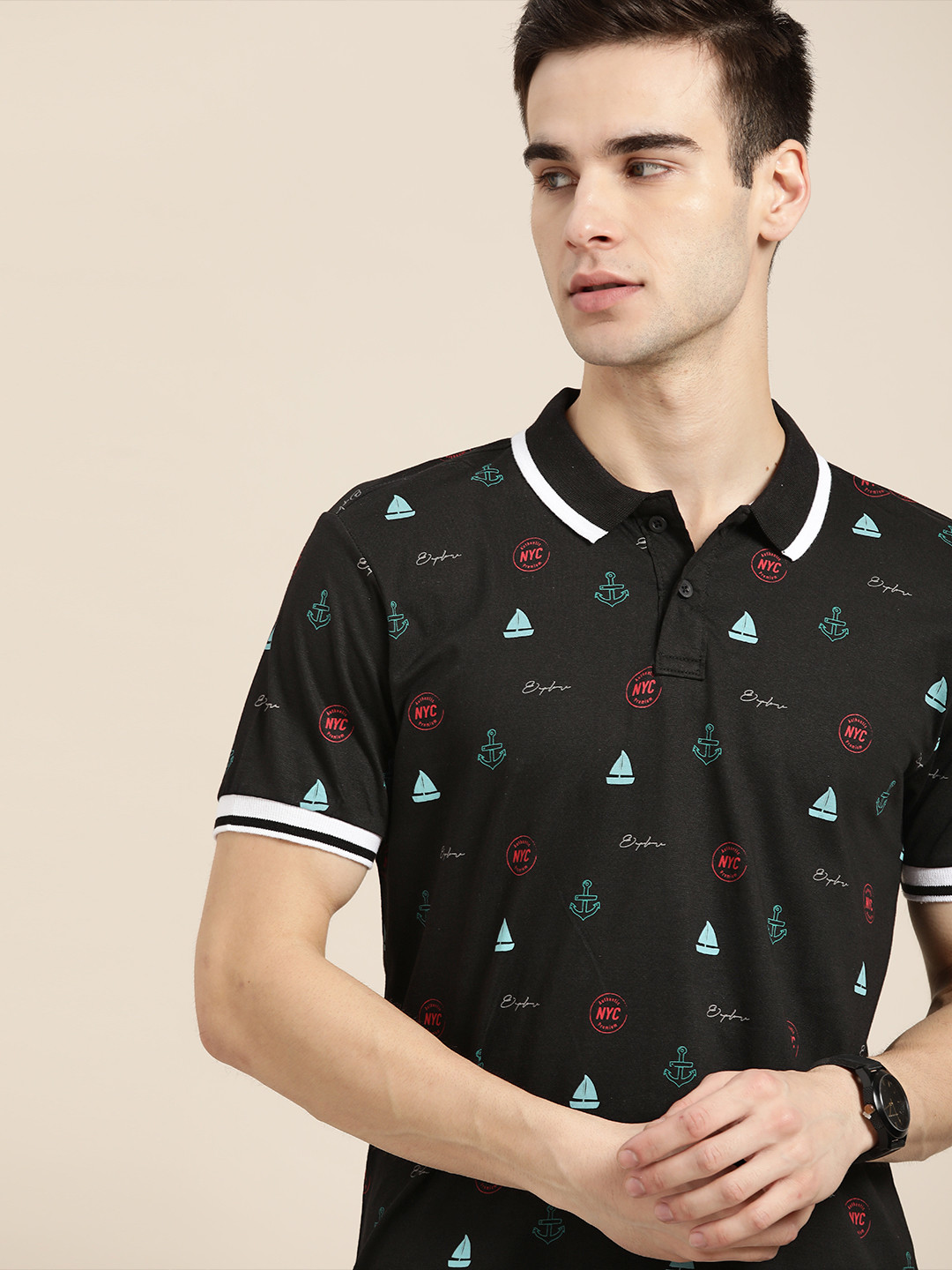 

Moda Rapido Men Black & Blue Cotton Printed Polo Collar T-shirt