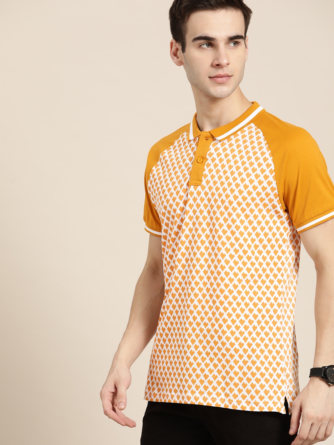 

Moda Rapido Men White & Mustard Yellow Cotton Geometric Print Polo Collar T-shirt