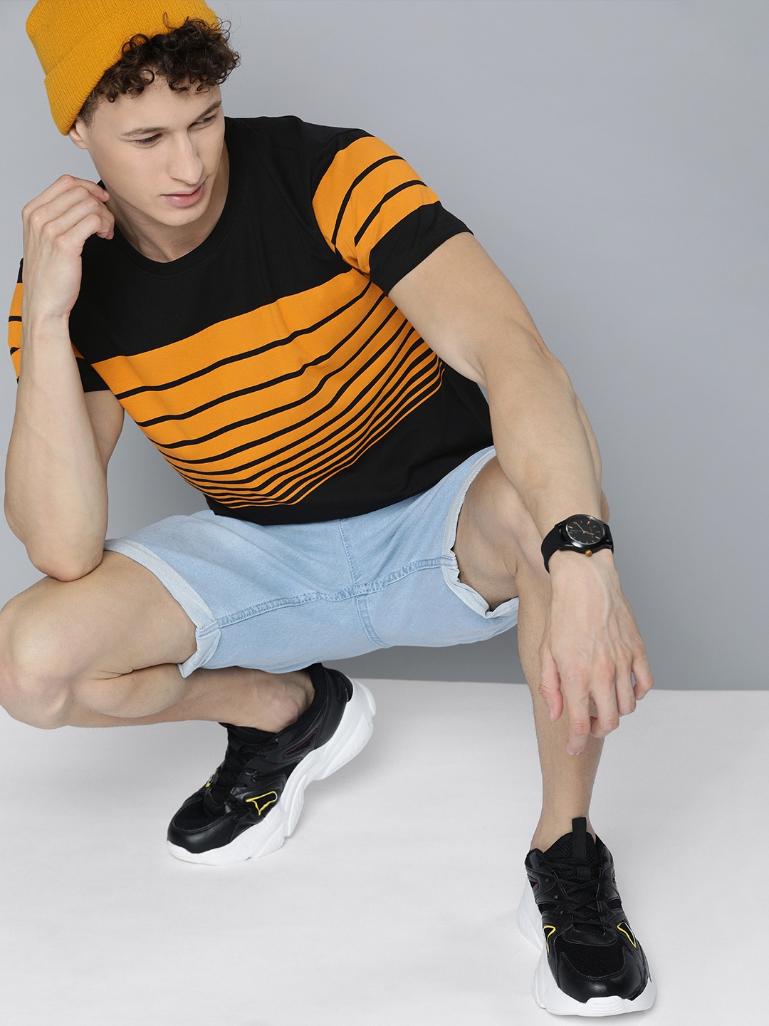

HERENOW Men Black Orange Striped Pure Cotton T-shirt
