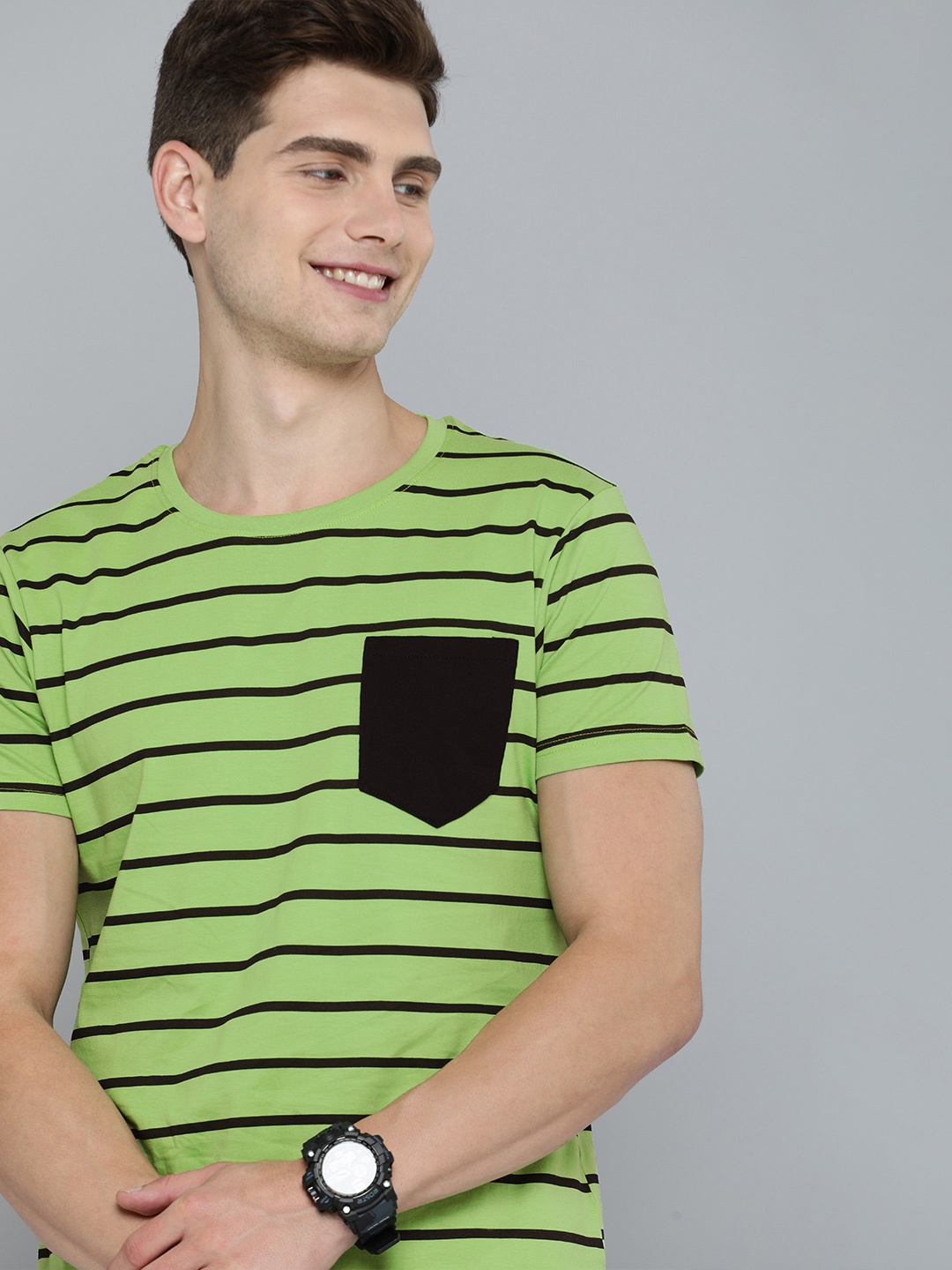 

HERENOW Men Green Black Striped Pure Cotton T-shirt with Pocket