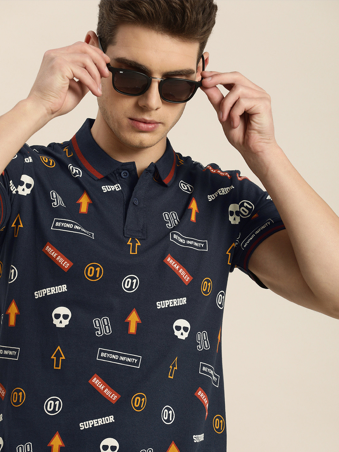 

Moda Rapido Men Navy Blue & White Cotton Printed Polo Collar T-shirt