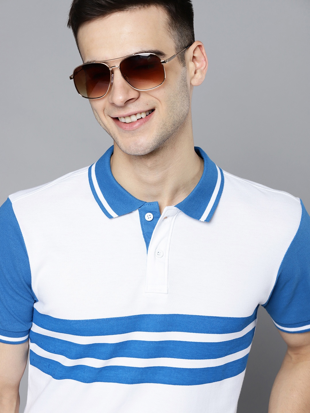 

HERE&NOW Men White & Blue Striped Pure Cotton Polo Collar T-shirt