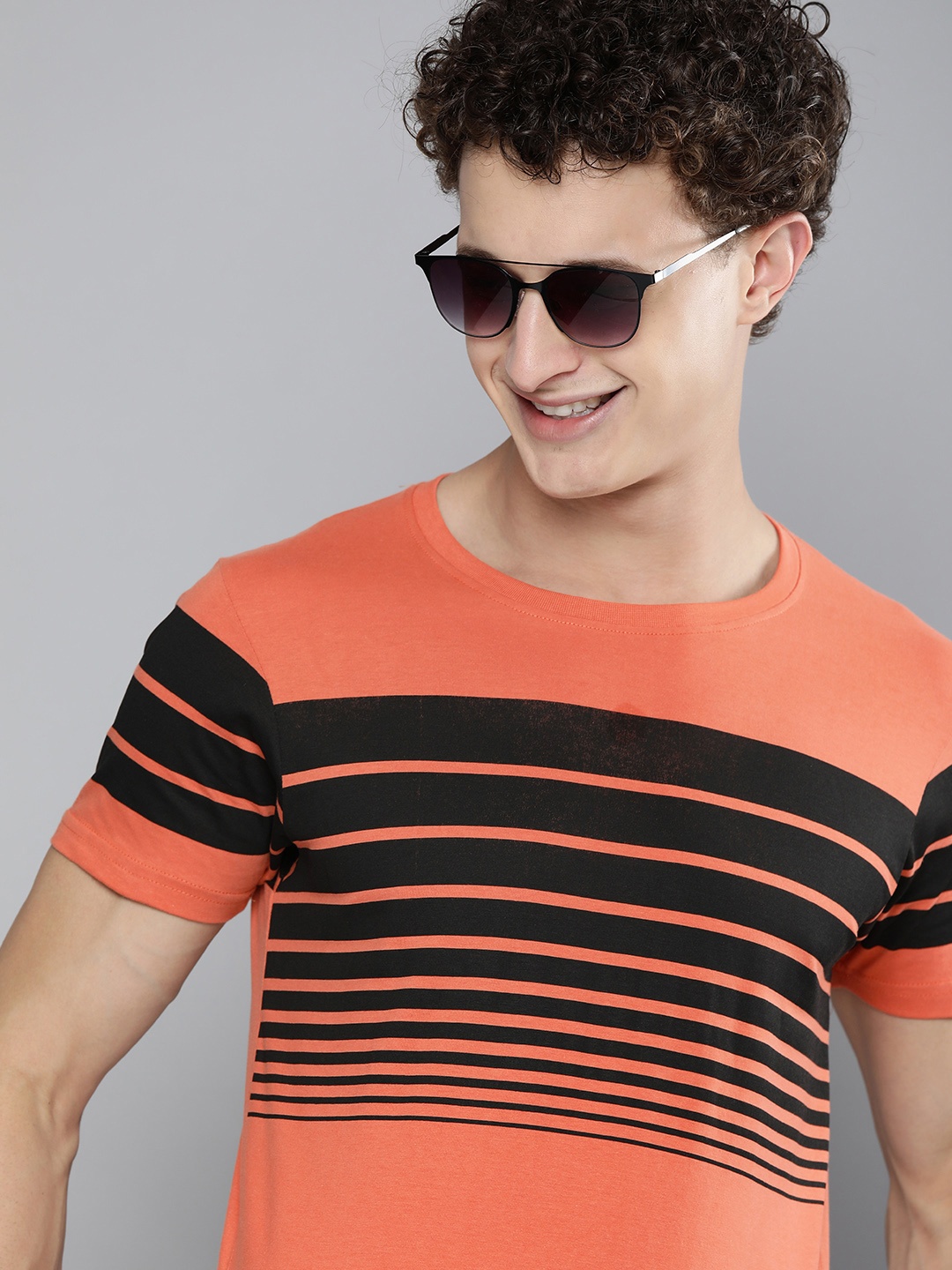 

HERENOW Men Orange Black Striped Pure Cotton T-shirt