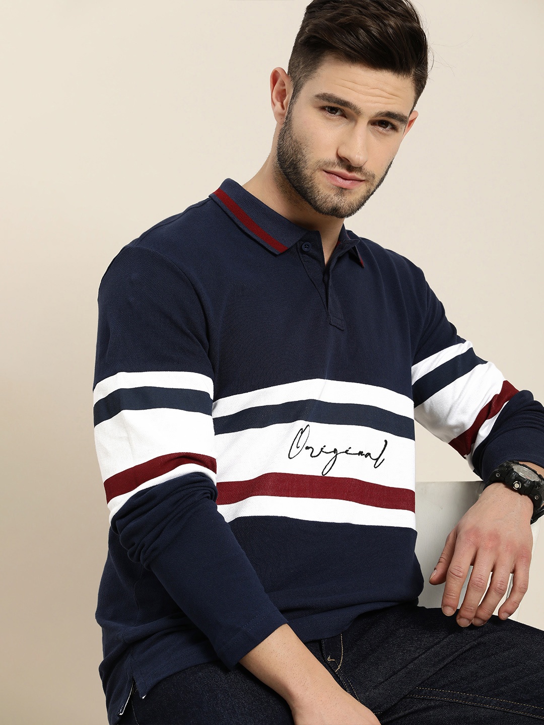 

Moda Rapido Men Navy Blue Colourblocked Polo Collar Pure Cotton T-shirt