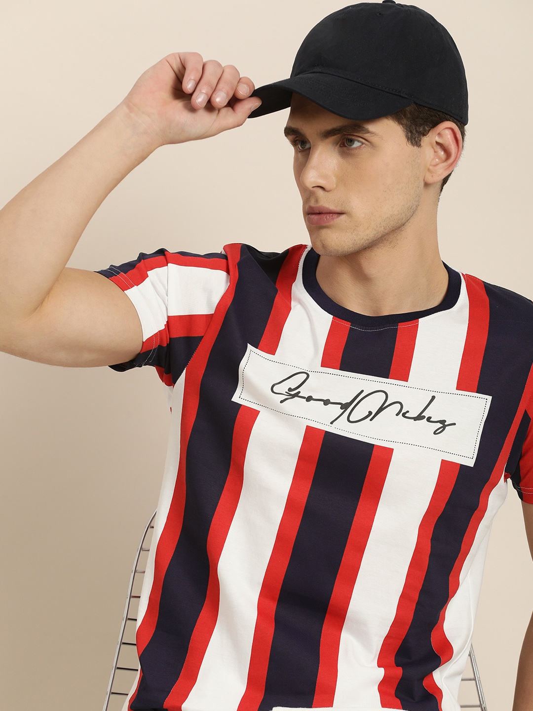 

Moda Rapido Men Navy Blue Red Nautical Striped Pure Cotton T-shirt