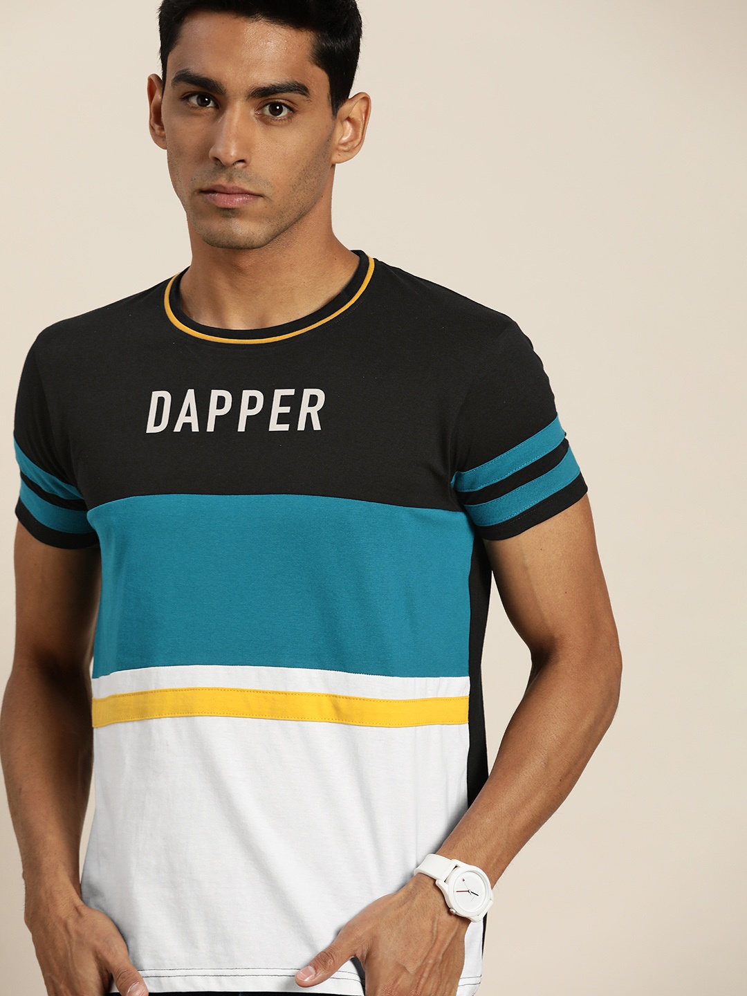 

Moda Rapido Men Black & Blue Typography Colourblocked Pure Cotton T-shirt