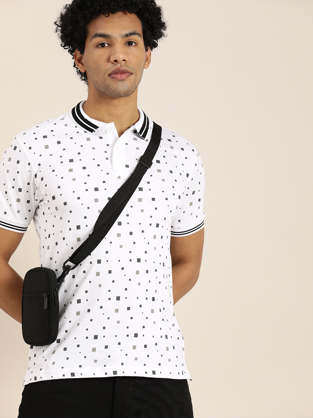 

Moda Rapido Men White Black Printed Polo Collar Pure Cotton T-shirt