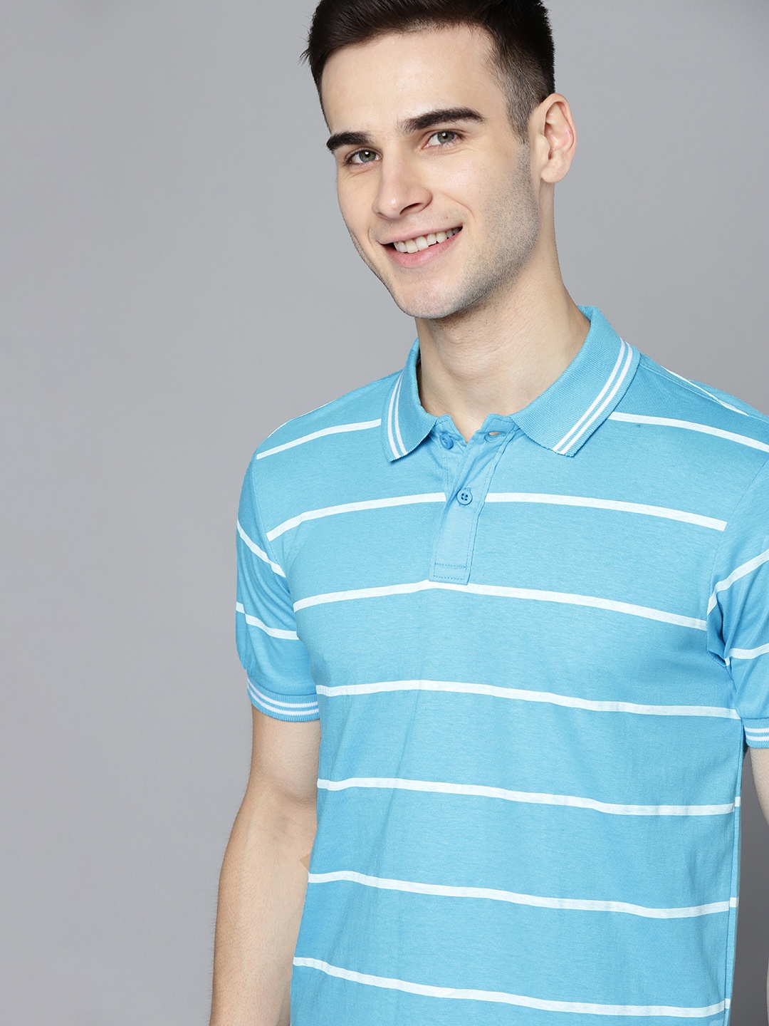 

HERENOW Men Blue White Pure Cotton Striped Polo Collar Pure Cotton T-shirt
