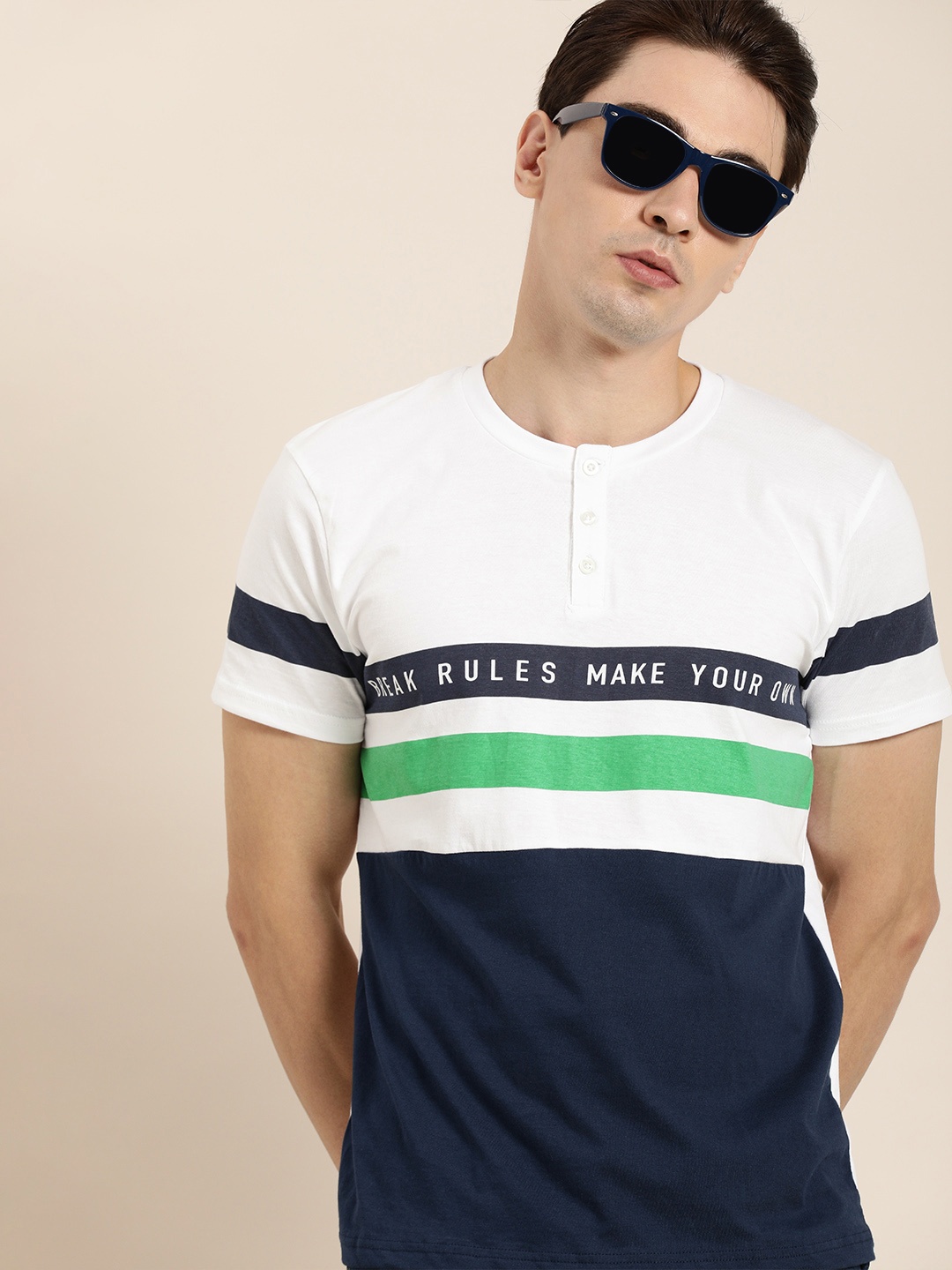 

Moda Rapido Men Navy Blue White Colourblocked Henley Neck Pure Cotton Casual Pure Cotton T-shirt