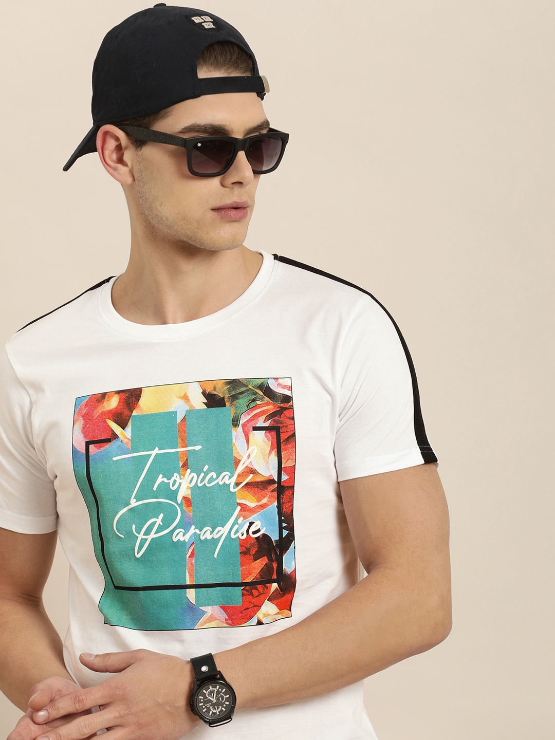 

Moda Rapido Men White Blue Tropical Typography Printed Pure Cotton T-shirt