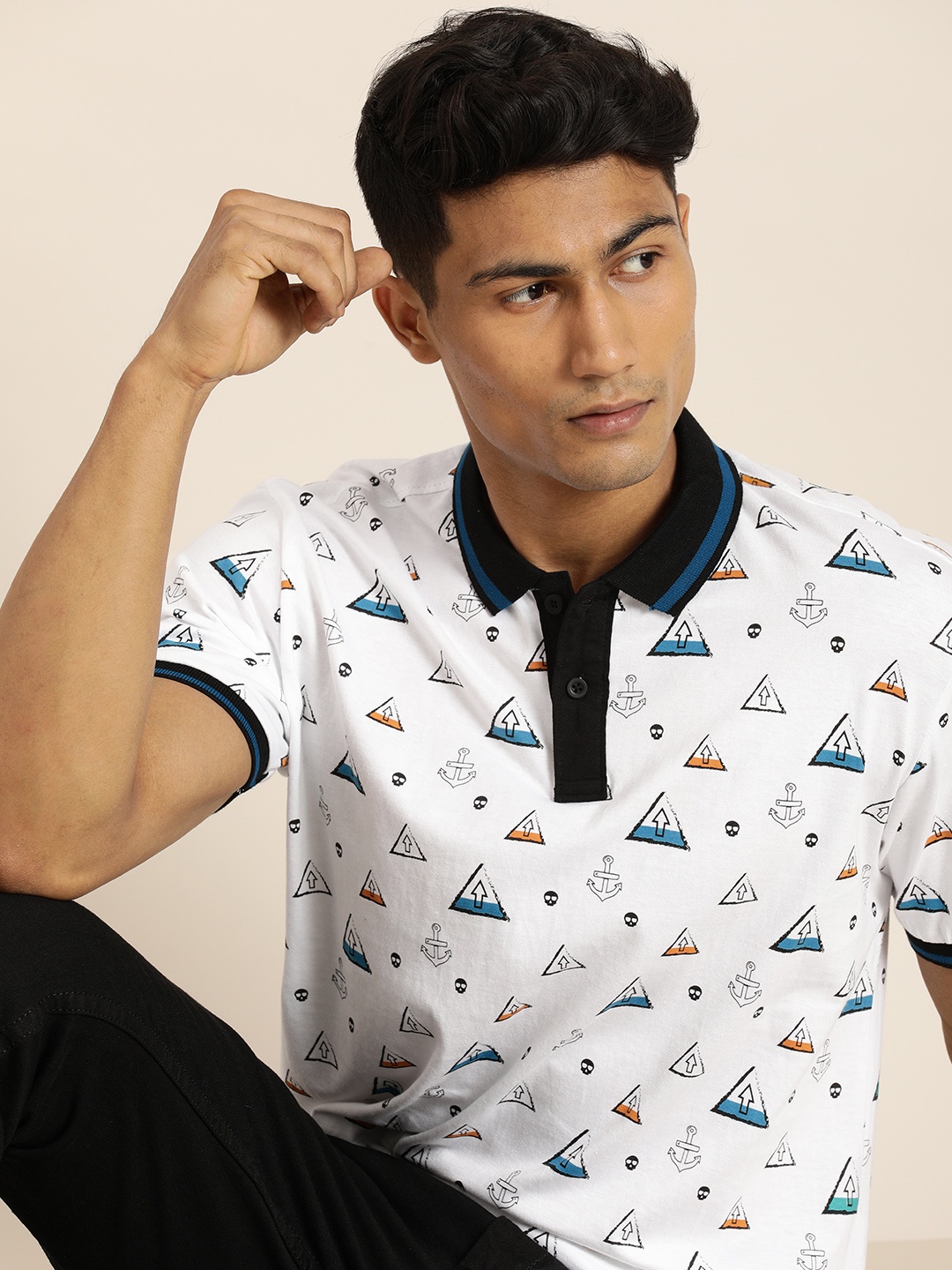 

Moda Rapido Men White Black Printed Polo Collar Pure Cotton T-shirt