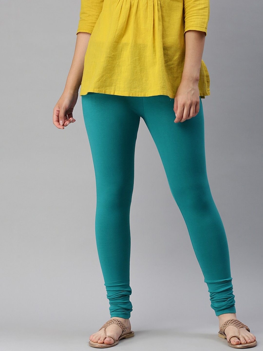 

De Moza Women Teal-Blue Solid Churidar-Length Leggings