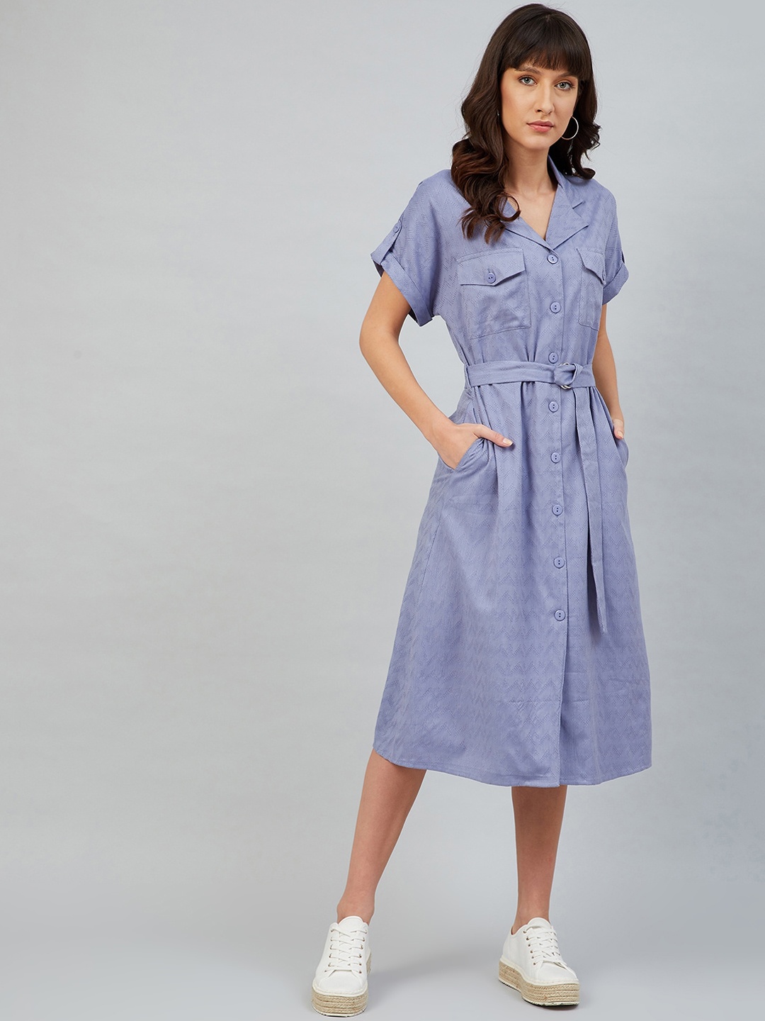 

Marie Claire Blue Self Design Shirt Midi Dress