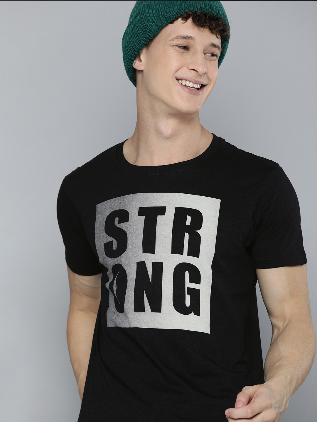 

HERENOW Men Black Grey Typography Printed Pure Cotton T-shirt