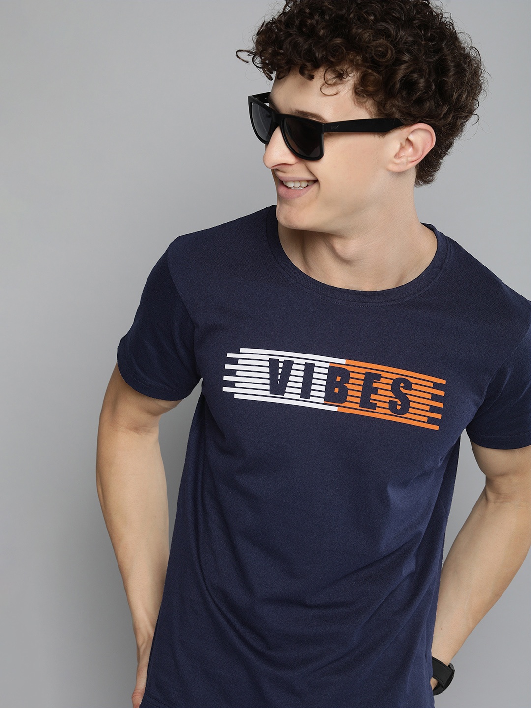 

HERENOW Men Navy Blue Typography Printed Pure Cotton T-shirt