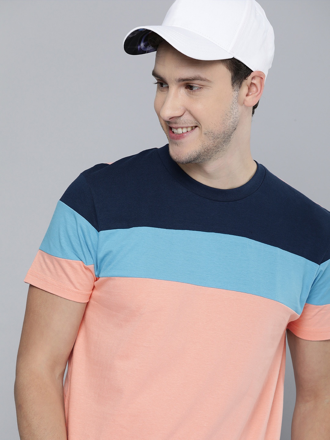 

HERENOW Men Peach-Coloured Navy Blue Colourblocked Pure Cotton T-shirt